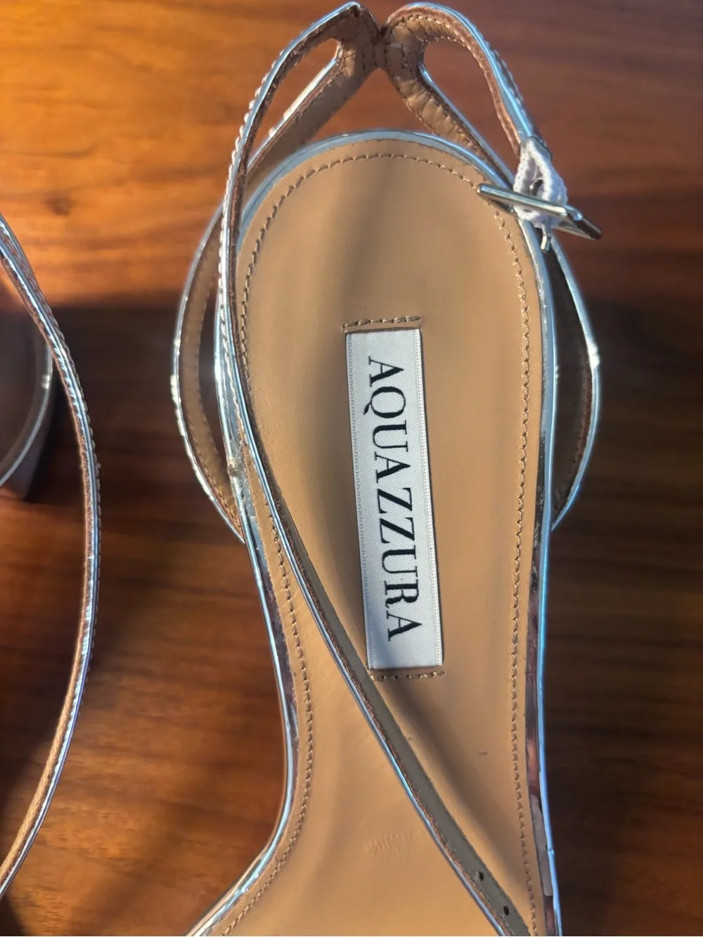 Aquazzura Deneuve Bow 50 Silver Metallic Ankle-Strap Block Heel Sandals Size 37